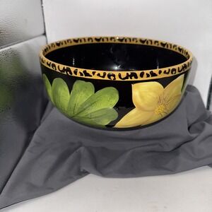Laura Gates Ware Serving Bowl Black With Yellow Flower And Green Ivy